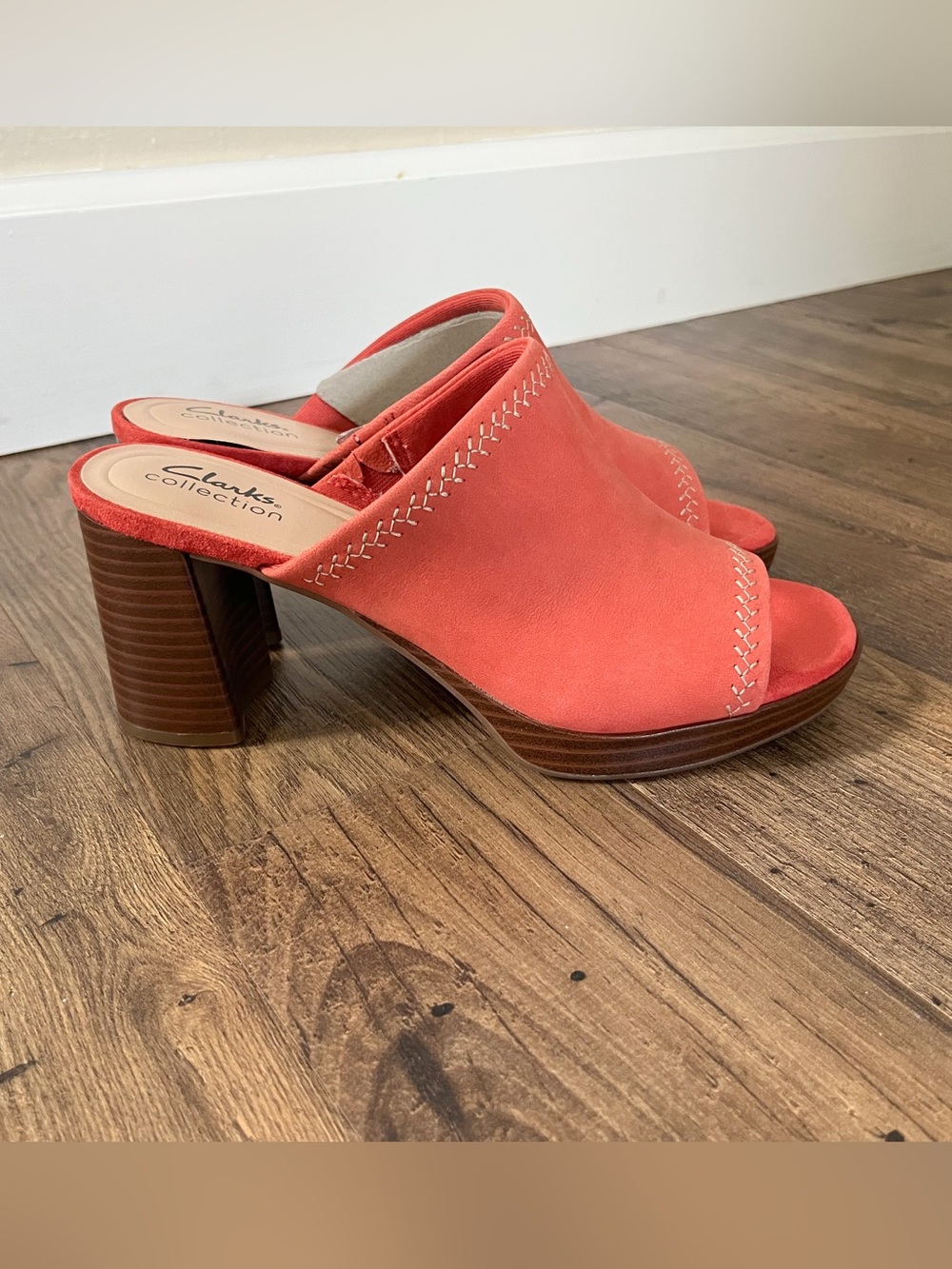NWT CLARKS Collection Leather Slip On Heeled Sandals AmbyrLyn Park Blush Women 8